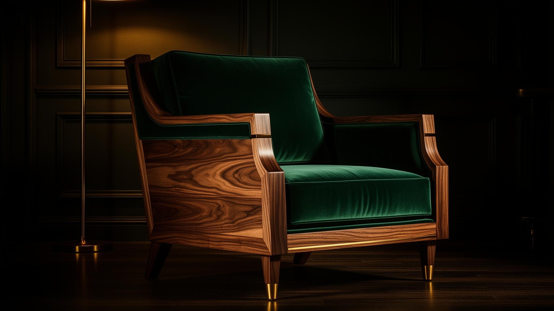 Handcrafted walnut and emerald velvet armchair